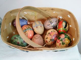 Basket With 9 Eggs 1 Hand Painted Egg Shell With Penguin Design 2 Wood 6 Vintage