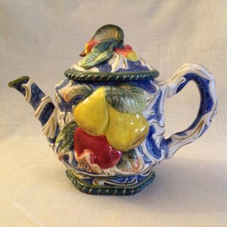 Fitz And Floyd Classics Teapot Fruit Motif—pears,  Apples,  Tomatoes— Blue & White