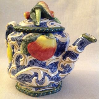 Fitz And Floyd Classics Teapot Fruit Motif—Pears,  Apples,  Tomatoes— Blue & White 3