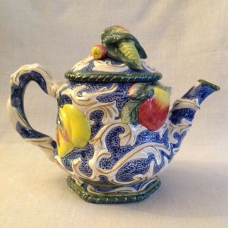 Fitz And Floyd Classics Teapot Fruit Motif—Pears,  Apples,  Tomatoes— Blue & White 4