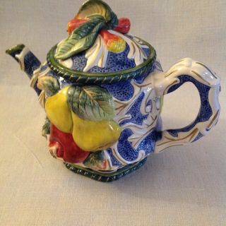Fitz And Floyd Classics Teapot Fruit Motif—Pears,  Apples,  Tomatoes— Blue & White 6
