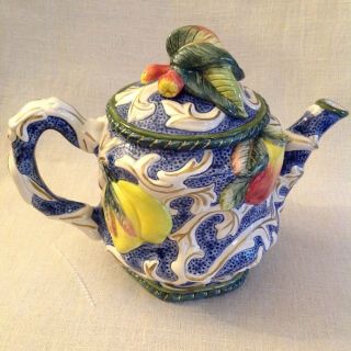 Fitz And Floyd Classics Teapot Fruit Motif—Pears,  Apples,  Tomatoes— Blue & White 8