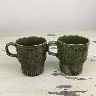 Vintage Mugs - Set Of 2 60s - 70s Dark Green Ceramic Japan Floral Coffee Cups