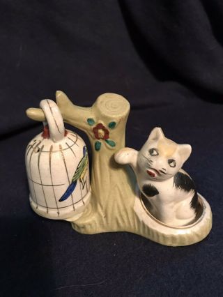 Vintage Kitty Cat And Birdcage With Stand Salt And Pepper Shakers