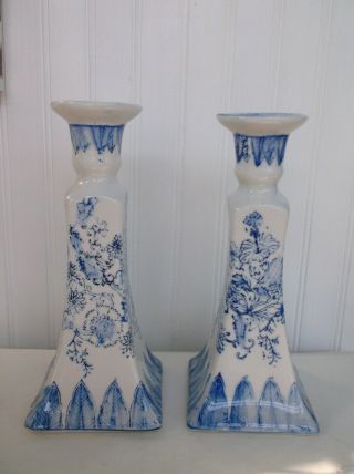 Set Of 2 Vintage Porcelain Ceramic Candlestick Candle Holders Blue And White