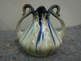 Vintage Basket Vase - Drip Glaze - Swan Neck Handles - Marked Belgium
