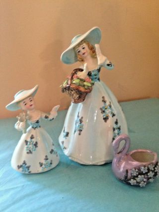 Lefton Porcelain Figurine Lady Blue Flowered Dress Hat 398b,  Matching Girl Swan