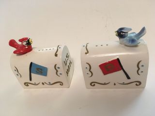 Vintage Enesco Cardinal & Blue Jay Mailbox Salt & Pepper Shakers Ceramic Japan