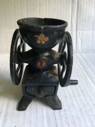Vintage Toy Miniature Coffee Mill Grinder Wheel Cast Iron Hand Painted Tole