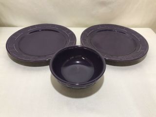 Set Of 2 Longaberger Pottery Eggplant Dinner Plates & One 16 Oz Cereal Bowl