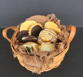 Round Leather Handled Longaberger Basket 6 3/4 " 1992 W Faux Baked Goods Cookies,