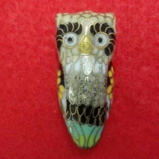Vintage Chinese Cloisonne Owl Bead Enamel Pendant Charm Yellow Blue White Gold