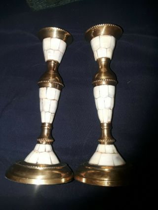 Vintage Brass And Inlaid Mother Of Pearl Candlestick Holders Made In India