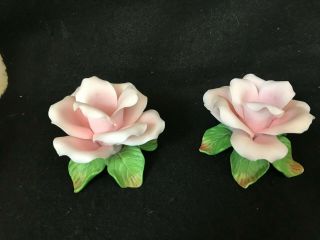 Capodimonte Style Ceramic Pink And Green Leaf Rose Candlestick Holders