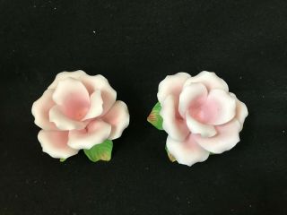 Capodimonte Style Ceramic Pink and Green Leaf Rose Candlestick Holders 2