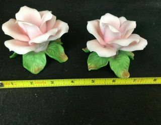 Capodimonte Style Ceramic Pink and Green Leaf Rose Candlestick Holders 4