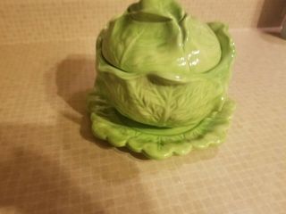 Vintage Ceramic Head Of Lettuce Or Cabbage Serving Bowl W/ Lid By Holland Molds