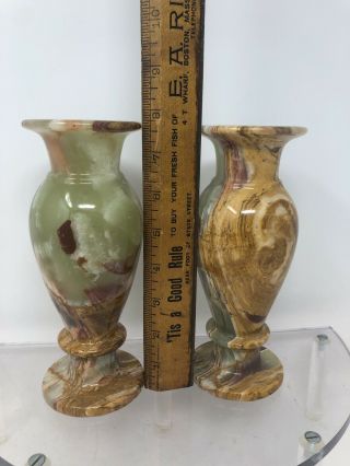 2 Slag Agate,  Onyx,  Marble Vases,  Carved Stone Multi - Grain Green Brown Tones 8 "