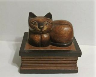 Mid - Century Carved Wood Cat On A Book Trinket/jewelry Box Made In Thailand