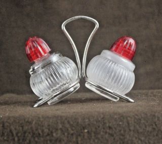 Vintage Salt And Pepper Shakers,  Retro Glass With Red Plastic Lid,  Metal Stand