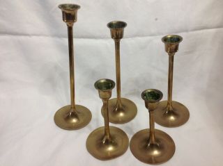 Set Of 5 Vintage Solid Brass Candlesticks Graduated 4 " - 5 " - 6 " - 7 " - 8 "