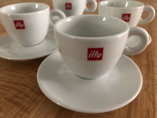 Set Of 4 Illy White Coffee Cups And Saucers With Red Logo