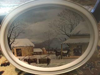Currier And Ives Tray American Homestead Home To Thanksgiving Metal Tray 14.  5 "