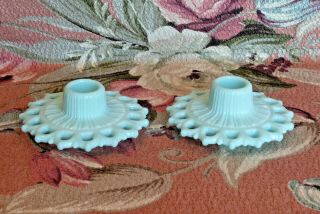 2 Vintage Light Blue Milk Glass Open Lace Candle Holders Pair Candlesticks