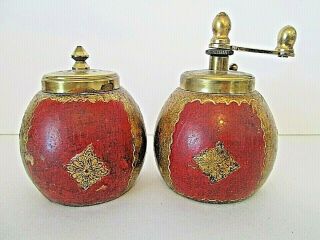 Vintage Mid Century Italy Florentine Red And Gold Pepper Grinder And Salt Shaker