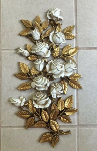Gold Tone Vintage 1973 Homco Rose Floral Branch Plastic Wall Decor 7286