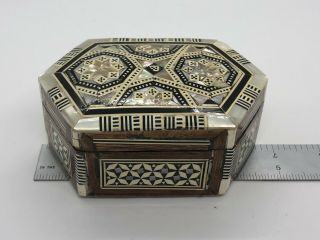 Vintage Mosaic Mother Of Pearl Inlay Wood Jewelry Trinket Marquetry Box