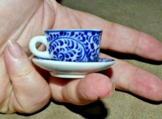 Miniature Tea Cup & Saucer Set Floral Design 2 " Wide Blue And White