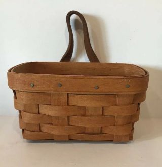 Longaberger 1989 Small Wall Hanging Key Basket W Leather Strap Farmhouse Vintage