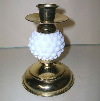White Milk Glass Hobnail Tapered Candle Stick Holder Brass Plated Trim Vintage
