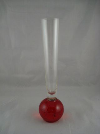 Vintage Bud Vase Clear Glass And Red Controlled Bubbled Base