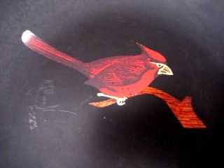 Vintage Couroc Hand Inlaid Black Satin Phenolic W Red Cardinal Bird Bowl 8 "
