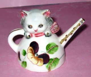Vintage Py Cat Teapot Ceramic Japan Kitten Salt Shaker W/rhinestones