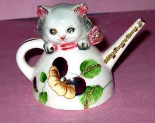 Vintage PY Cat Teapot Ceramic Japan Kitten Salt Shaker w/Rhinestones 3
