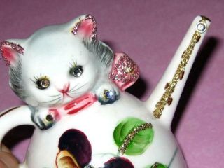 Vintage PY Cat Teapot Ceramic Japan Kitten Salt Shaker w/Rhinestones 5