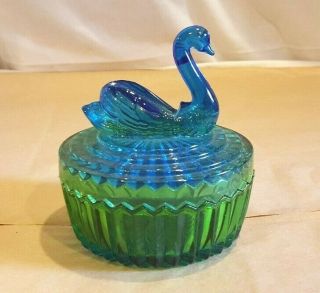 Vintage Mid - Century Blue &green Glass Art Swan Candy Dish Trinket Box