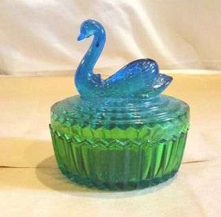 Vintage Mid - Century Blue &Green Glass Art Swan Candy Dish Trinket Box 2