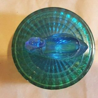 Vintage Mid - Century Blue &Green Glass Art Swan Candy Dish Trinket Box 3