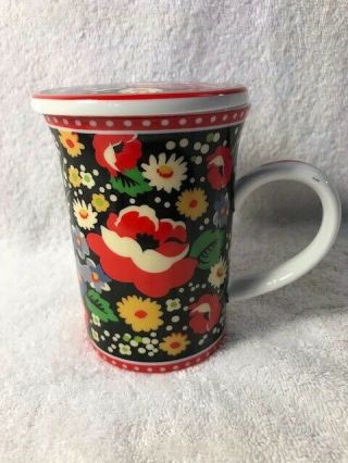 Vera Bradley Poppy Fields Porcelain Tea Coffee Cup Mug W/ Lid Black Red