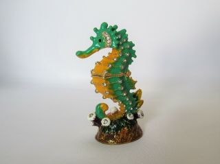 Adorable Seahorse Trinket Box/ Goldtone/green Yellow Enamel/shiny Rhinestones