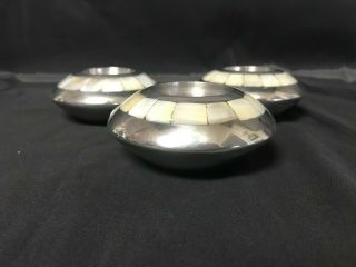 Set Of 3 Tea Light Holders Silver Metal With Abalone Pearl Inlay Euc