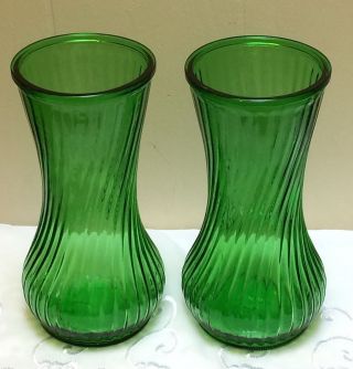 2 Pair Vintage Emerald Green Hoosier Depression Glass Vases Lined Cut 9.  75 " Tall
