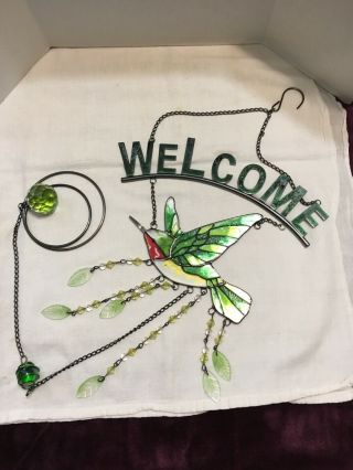 , Stained Glass,  Hummingbird,  Welcome Metal Sign On A Hanging Wind Chime Beads