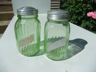 Vntg Vaseline/Uranium Green Glass Depression Salt & Pepper Shakers 5 