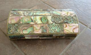 Abalone Pearl Shell Wood Lined Hinged Trinket Jewelry Box Alpaca Silver Mexico