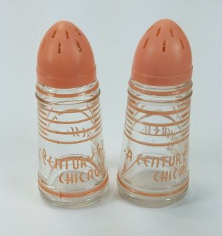 Vintage A Century Of Progress Chicago 1934 Glass Pink Salt & Pepper Shaker Set